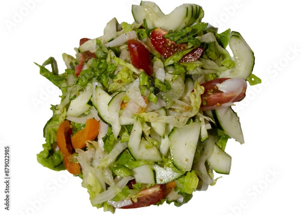Fototapeta vegetable salad with cucumber and tomato on white background