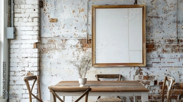Fototapeta Blank Frame in Industrial-Inspired Room, Textured Background, Whitewashed Room, Rustic Table, Brick Wall