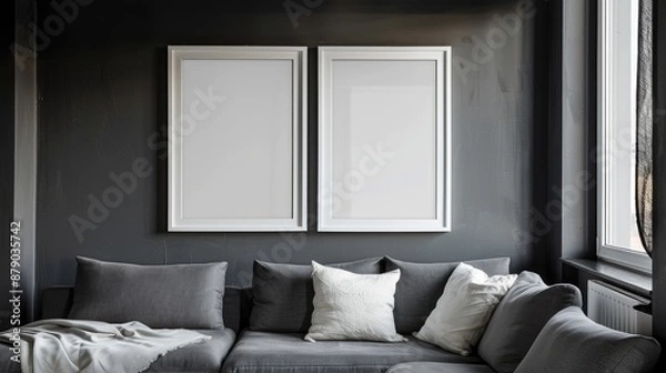 Obraz Overlapping White Frames on Charcoal Wall, Sophisticated Display, Overlapping White Frames, Charcoal Wall