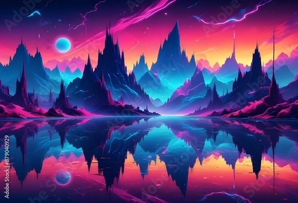 Obraz A best-seller abstract wallpaper showcasing a fantastical neon landscape with reflections, perfect as a vibrant futuristic background