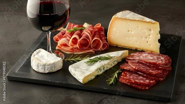 Fototapeta A sophisticated cheese and charcuterie spread featuring soft Brie, tangy Blue cheese, smoky Gouda, and sharp Cheddar, with a glass of red wine