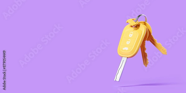 Fototapeta Yellow car key not on purple background. Renting or buying a car. Mock up. 3d rendering