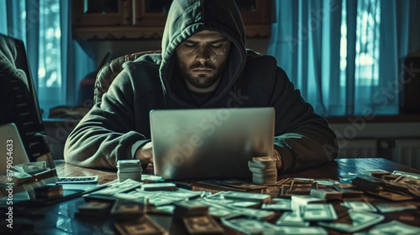 Fototapeta Professional Developer in Hoodie Working on Laptop with Pile of Cash, Cybersecurity Concept