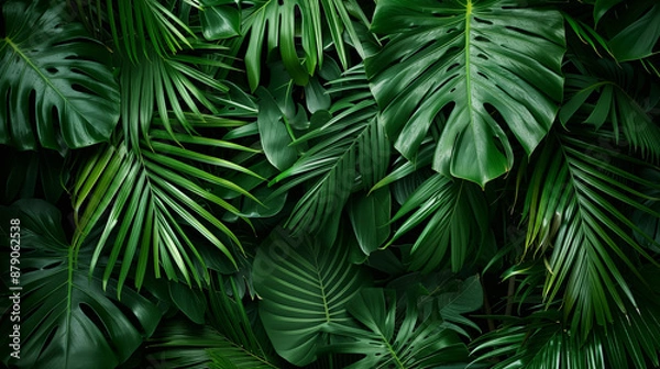 Fototapeta 緑豊かなヤシの葉が画面いっぱいに広がる背景用テクスチャーのリアルイラスト