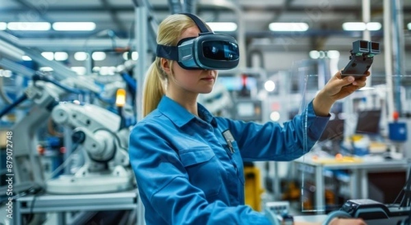 Fototapeta Female engineer using virtual reality in a high-tech industrial facility
