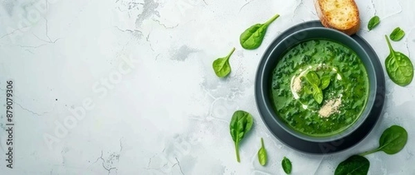 Obraz Creamy spinach soup with a dramatic and clear presentation, emphasizing its vibrant green color and smooth texture Perfect for culinary-themed designs or recipe illustrations