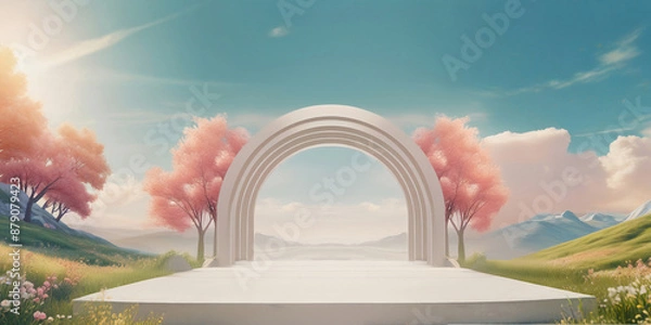 Fototapeta wide white podium (with arch) image of a bright spring day with green field, flowers, mountains and clouds for product mockup(1).