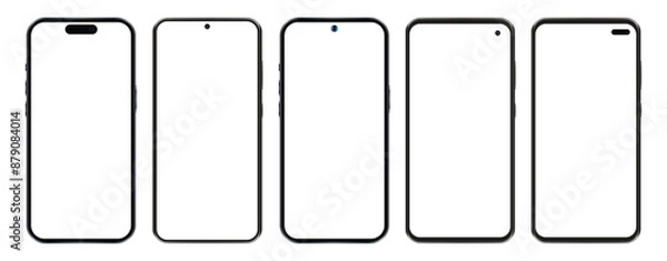 Fototapeta Smartphone mockup collection. Mockup realistic models smartphone with shadow and blank screens for your design. Isolated on transparent background. Vector illustration 2023 - 2024
