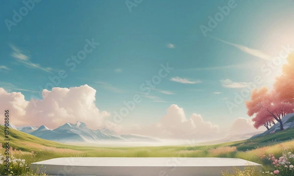 Fototapeta wide white podium image of a bright spring day with green field, flowers, mountains and clouds for product mockup(1)