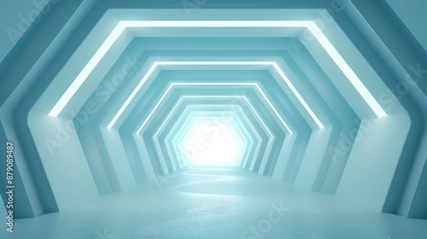 Fototapeta Explore futuristic 3D renderings of sleek, neonlit corridors in modern interior design spaces.