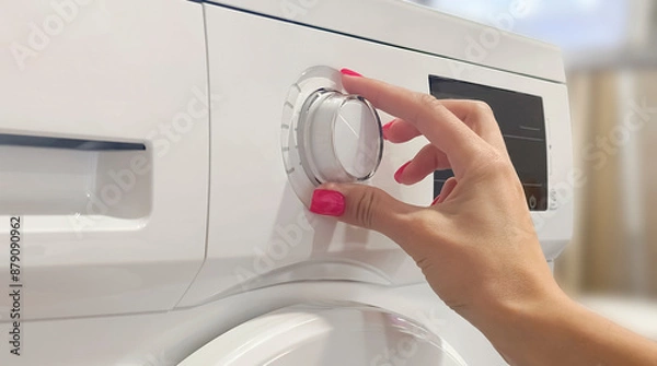 Fototapeta woman turns on the washing machine, hands close-up. laundry mode
