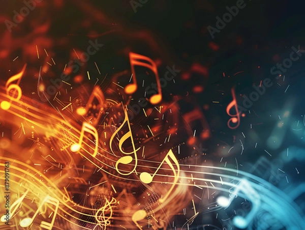 Obraz Colorful background with notes, treble clefs. Neural network AI generated art