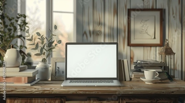 Fototapeta Cozy workspace with laptop, blank white screen, books, coffee cup, and picture frame on wooden table