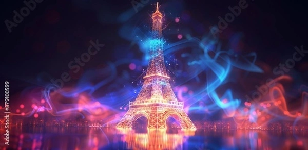 Fototapeta holographic eiffel tower, abstract background with illustration of Paris city