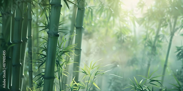 Fototapeta Tranquil bamboo forest under gentle morning sunlight, capturing a serene ambiance