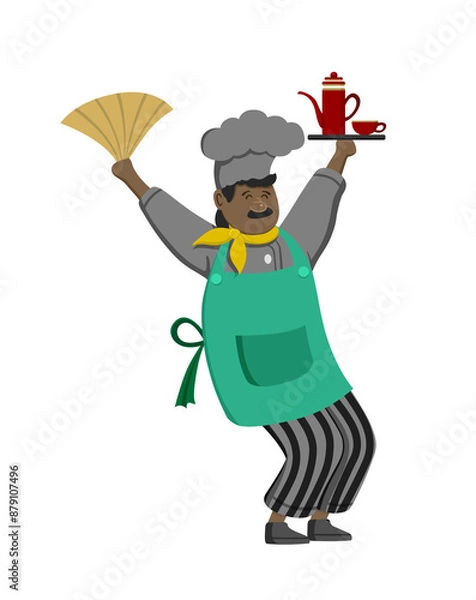 Fototapeta Happy funny chef mascot design. Cute chef cooks in uniform preparing food.