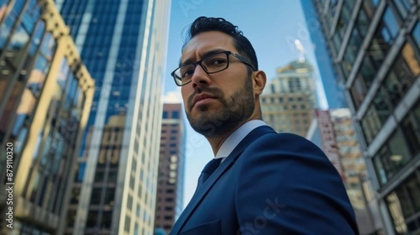 Fototapeta Determined Business Person in Formal Attire with Blurred Business District Background