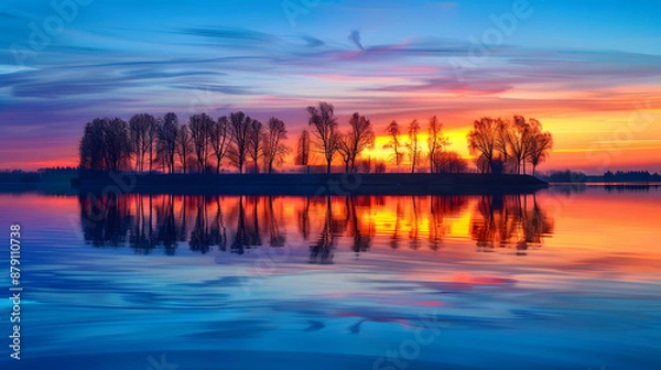 Fototapeta A serene moment: Sunset colors painting the calm water's reflection