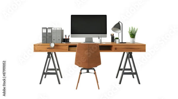 Fototapeta Wooden desk setup with computer and office supplies Isolated on transparent background.