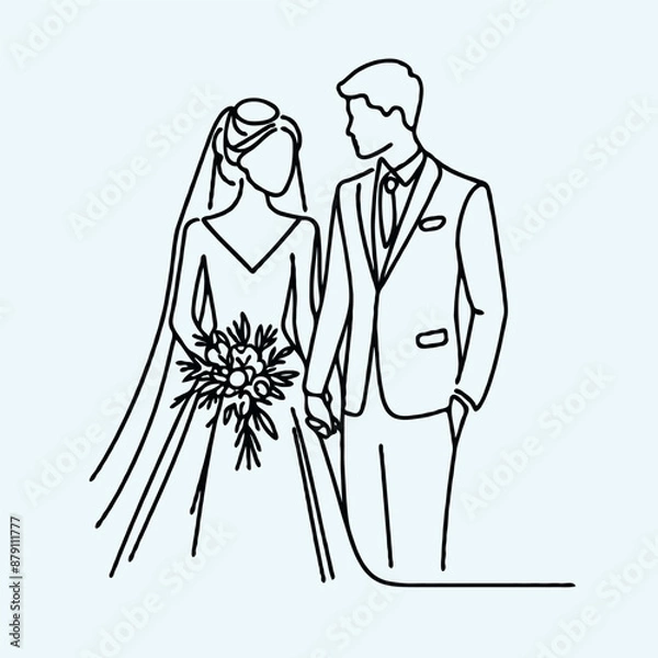 Fototapeta Vector line drawing of the bride and groom on white background