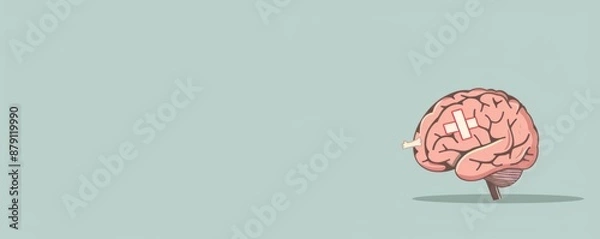 Fototapeta Art illustration of a pink cartoon brain with various colored band-aids on it, set against a light blue background, symbolizing healing and mental health recovery.