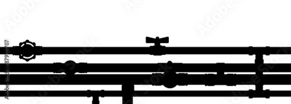 Fototapeta Pipeline. Image of black silhouette isolated on white background. Vector composition seamless. Metal pipeline. Supply of water, gas and other liquids. Pipes and taps. Advertisement. Promotion of