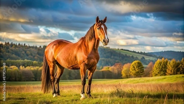 Obraz Beautiful brown horse standing in a field , equine, majestic, animal, farm, ranch, grass, mane, tail, field, countryside