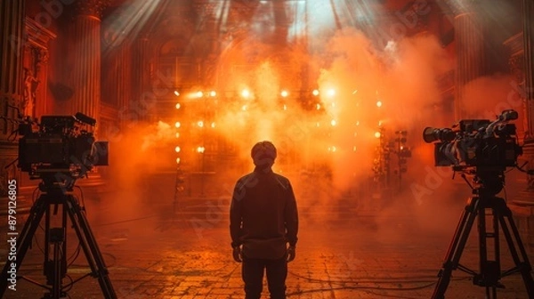 Fototapeta A film crew sets up in a large room illuminated by bright orange lights and filled with smoke.
