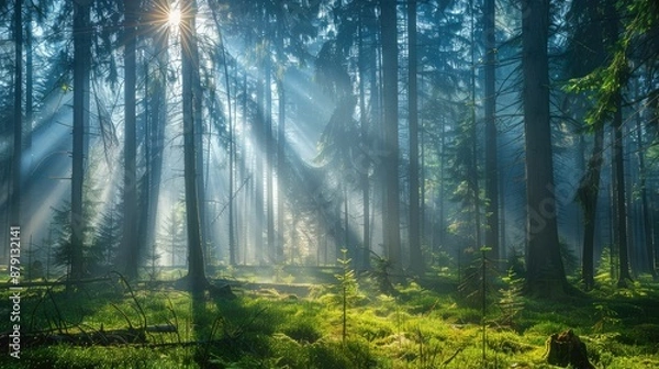 Obraz Sunbeams filtering through dense fog in forest