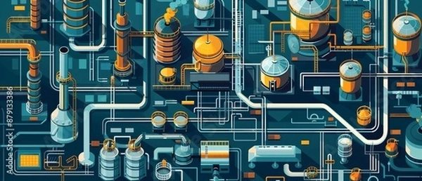 Obraz oil refining process flat design top view industrial cartoon drawing vivid