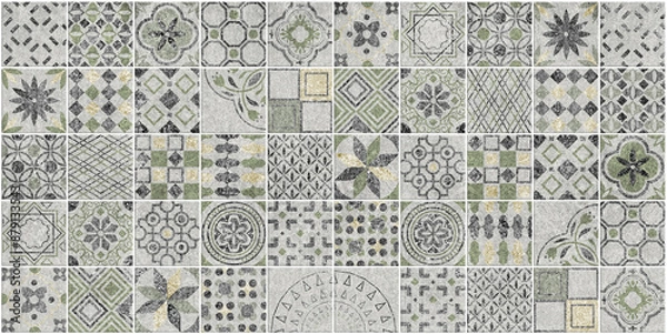 Obraz Stone greys and green tiles decor pattern in Mediterranean style antique	