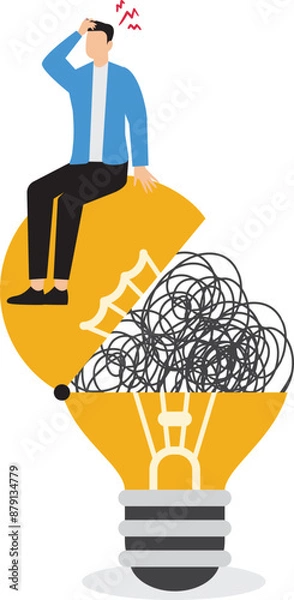 Obraz Difficulty in solving problems, out of ideas concept, too many complicated thoughts, confused businessman opens the dead light bulb idea containing a coil of stress messy lines