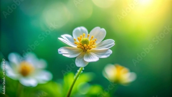 Fototapeta Delicate, dainty, miniature bloom with soft petals and yellow center against blurred green background, conveying serenity and innocence.