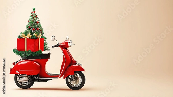 Obraz A red retro moped with a Christmas tree on a smooth light beige background with an empty space for text. The concept of celebrating Christmas and New Year.