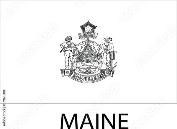 Fototapeta Maine Flag, United States Flags, Black and White Image, Vector Image, Editable illustration, Geography, Learn US Flags