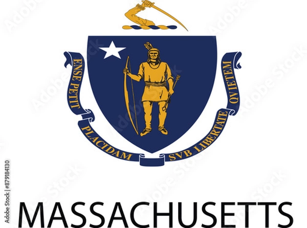 Fototapeta Massachusetts Flag, United States Flags, Black and White Image, Vector Image, Editable illustration, Geography, Learn US Flags