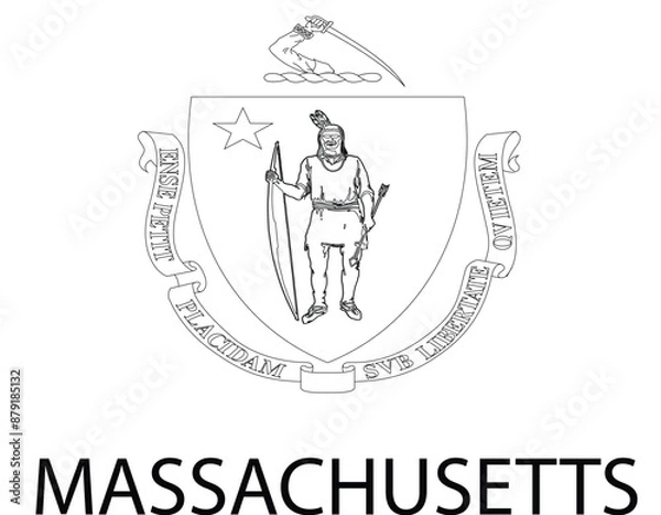 Fototapeta Massachusetts Flag, United States Flags, Black and White Image, Vector Image, Editable illustration, Geography, Learn US Flags
