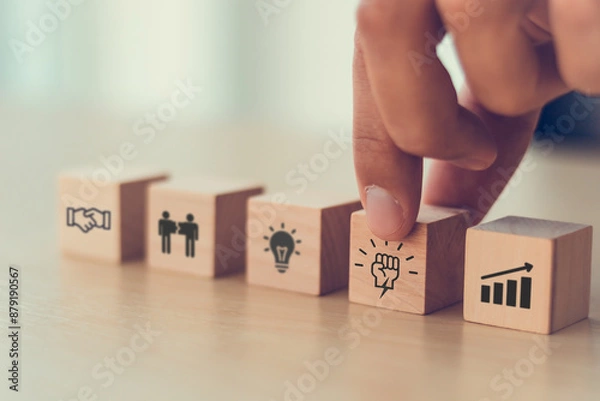 Fototapeta Collaboration, empowerment, support and solidarity concept. Giving team members authority. Ways to foster employee empowerment; goal, growth, moral, power, learning, access and positive thinking.