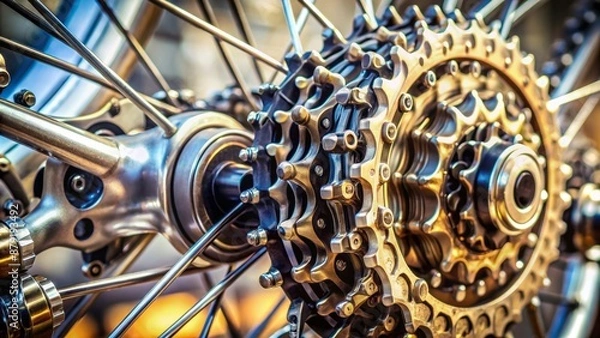 Fototapeta Close-up of intricately designed rear wheel cassette with numerous curved sprockets and bolts, showcasing exceptional mechanical craftsmanship details.