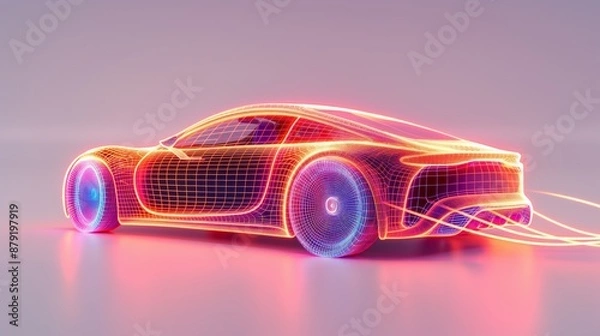 Fototapeta Model of a car with neon lighting on gradient background