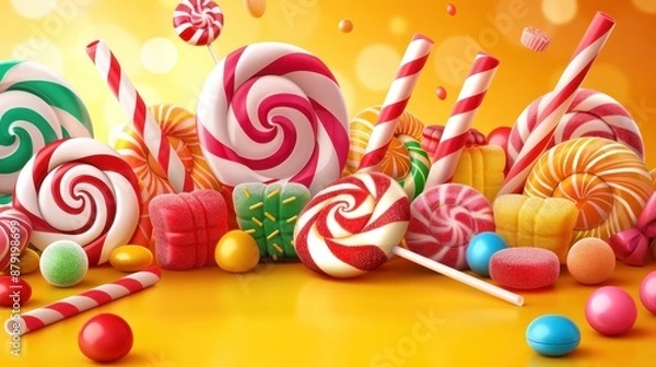 Fototapeta A colorful assortment of different candies including lollipops, gummies, and hard candies on a vibrant background.