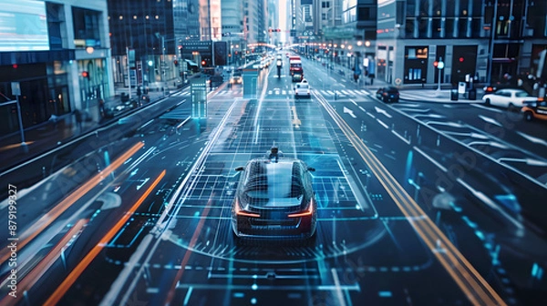 Fototapeta Autonomous car navigating city streets with sensors and cameras