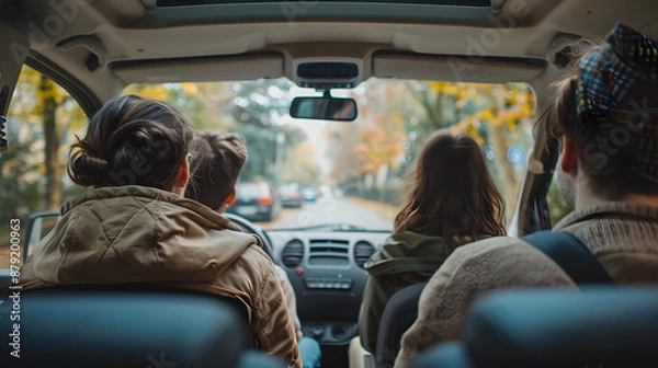 Fototapeta Group of colleagues carpooling to work in spacious vehicle