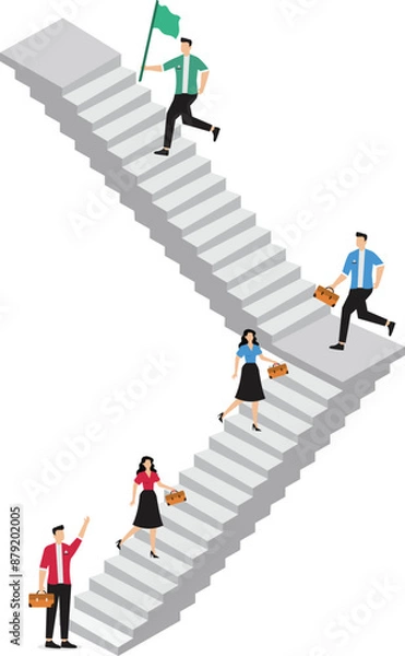 Obraz Career path or improvement, growth stair to success, job promotion or business competition, aspiration or motivation to succeed concept, business people walk up stair to next level floor to the top.