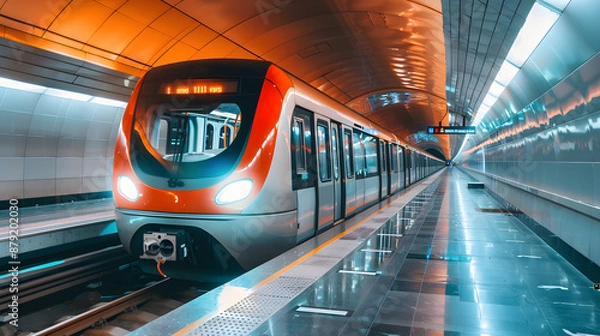 Obraz Modern subway train arriving at clean, well-lit station