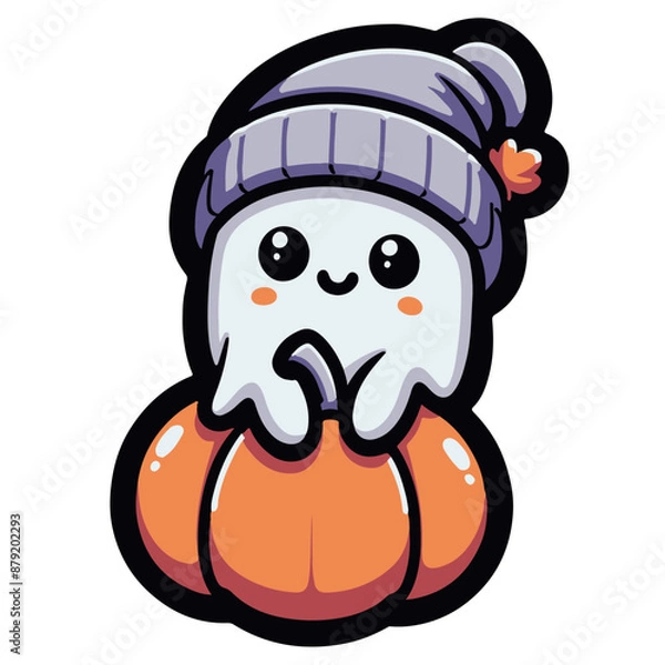 Obraz Vector sticker of kawaii ghost wearing hat. Cute cartoon character in the style of digital art
