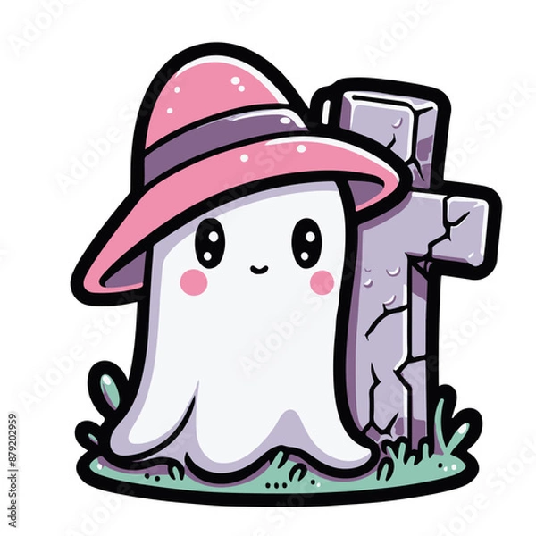 Obraz Vector sticker of kawaii ghost wearing hat. Cute cartoon character in the style of digital art