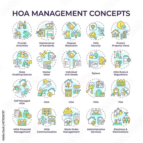Obraz HOA management multi color concept icons. Home owner association. Property management. Neighborhood. Administrative tasks. Icon pack. Vector images. Round shape illustrations. Abstract idea