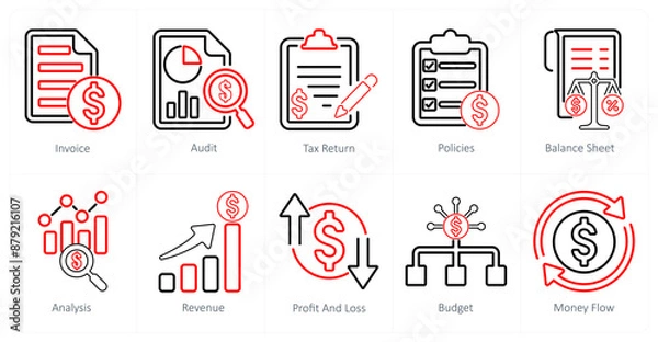 Fototapeta A set of 10 accounting icons as invoice, audit, tax return