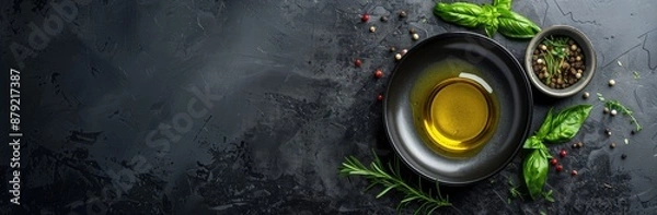 Fototapeta bowl with olive oil, spicy fresh herbs, pepper mixture and seasonings on dark background, kitchen background, copy space, place for text, top view